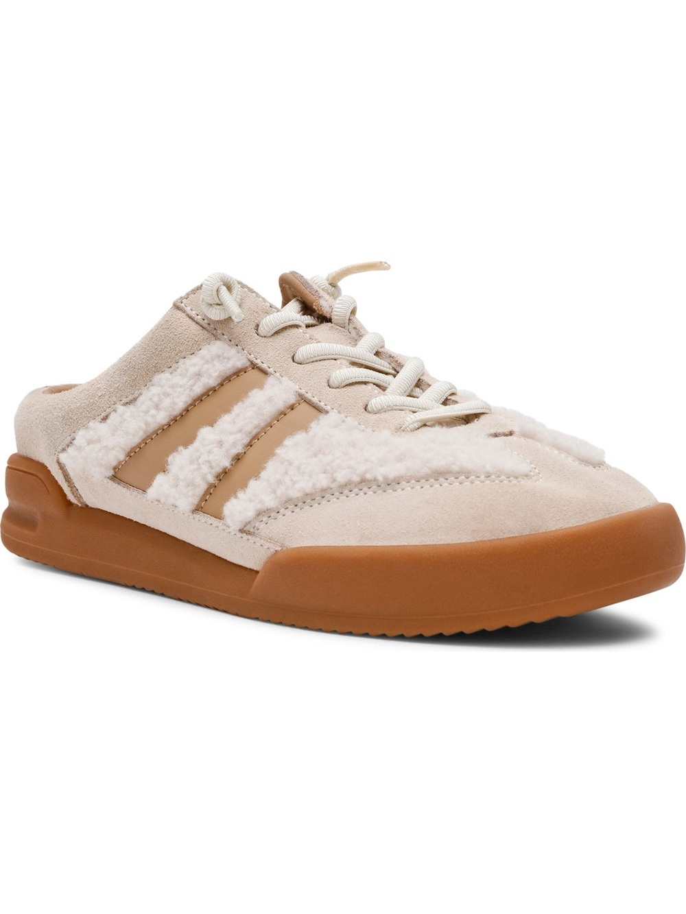 Steve Madden Cream Faux Shearling Lace-Up Sneakers with Gum Sole